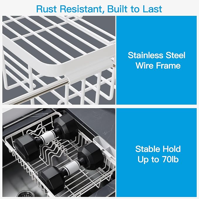 JASIWAY White Expandable Stainless Steel Dish Drying Rack Over The Sink for Small Kitchen, Counter Space Saving Compact Plate Drainer Strainer, Adjustable Hanging Metal Dish Dryer with Utensil Holder