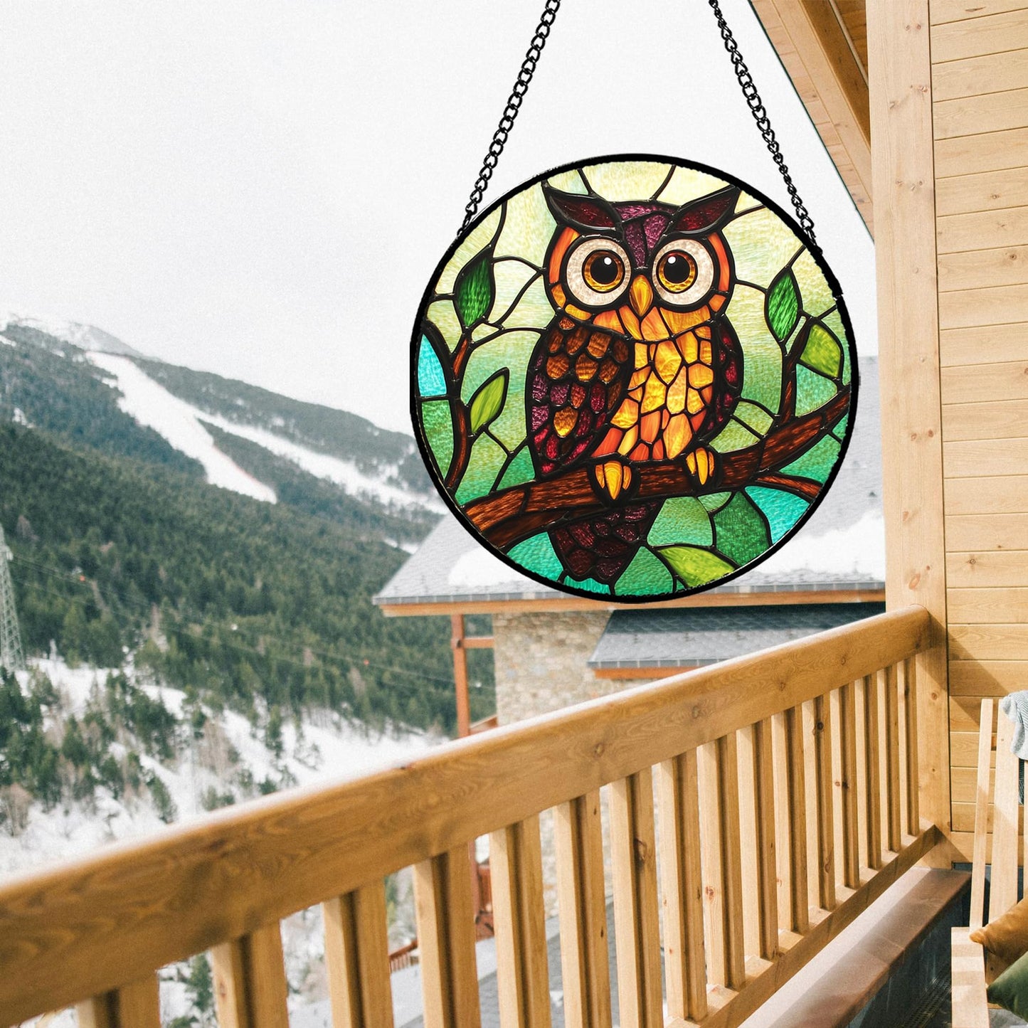 HWRHTR Stained Glass Window Hanging - Owl on a Branch Suncatcher for Doors Window Home Orange Brown Sun Catchers Decor Christmas Mother's Day Birthday Gifts for Teacher Women Men Mom Nana 7.8 in