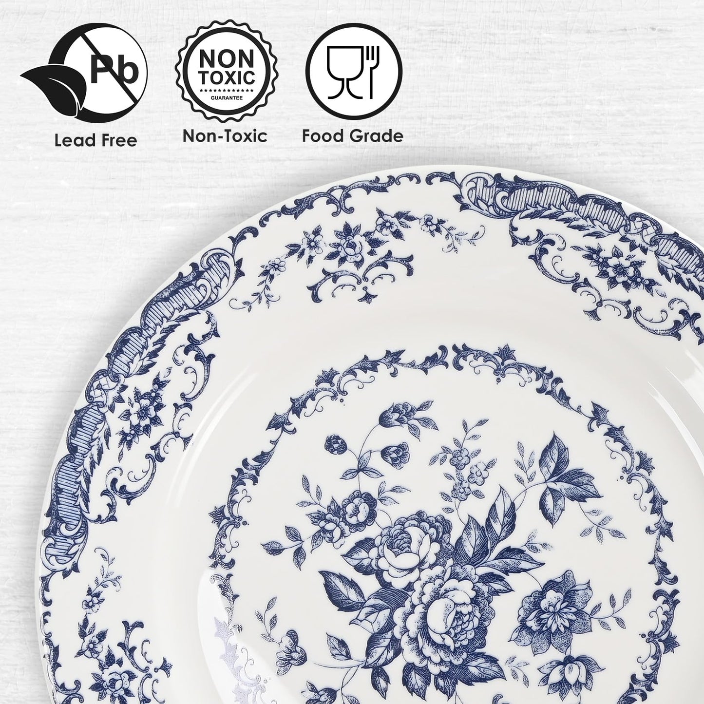 HomeElves Dinner Plates, Ceramic Plates Set of 6, Kitchen Plates Microwave Safe, White Plate Dessert Blue Floral Plate Porcelain (Blue Rose, 10.5 inch)