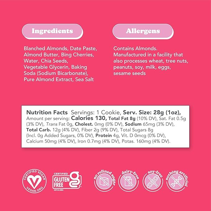 Love + Chew Soft Baked Protein Cookies, Gluten Free | (18) Count Cherry Almond Minis | Vegan, Paleo, Non GMO and Packed with Superfoods. - Individually Wrapped, and Made from High Protein Almonds - (1) Ounce Cookies