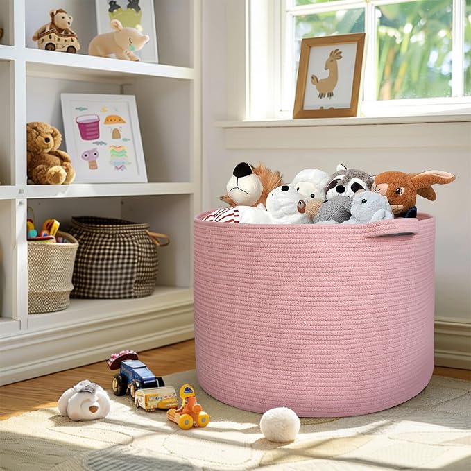 MEGASKET 115L Oversized Pink Basket, 23.6"x15.7" Woven Cotton Rope Bin with Handles, XXXL Blanket Storage for Living Room, Kids Toy Storage Bin Box, Baby Laundry Basket for Organizing, Pink Room Decor