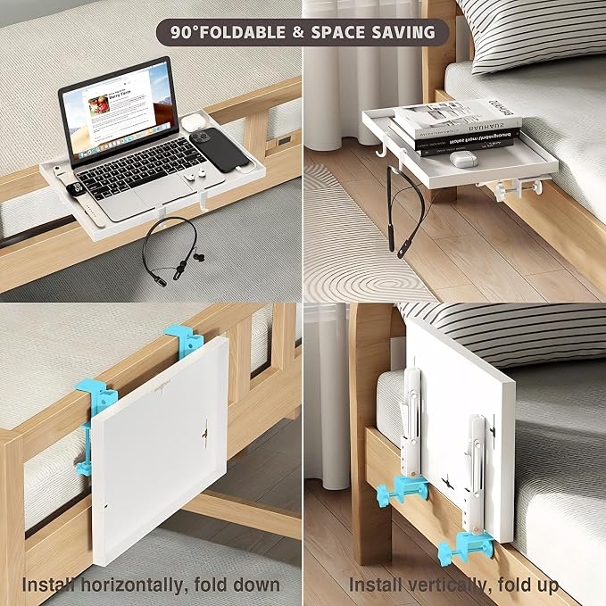 Magheo Foldable Bedside Shelf, Metal Clip-On Bunk Bed Table Shelf for Top Bunk Heavy Duty Bed Side Table Tray for College Dorm Room Essentials, Loft Nightstand Organizer Tray with 3 Cord Hole(White)