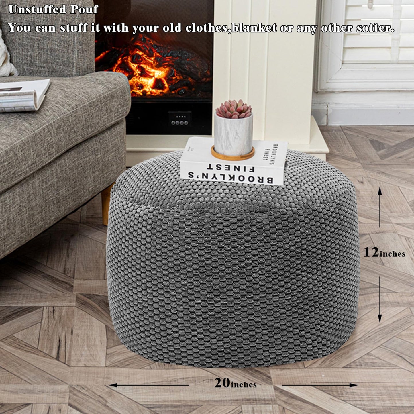 Poofieotto Unstuffed Pouf Ottoman Cover Handmade Footstool Ottoman Storage Solution Floor Pouf Footrest Cushion 20Diameterx12Height Inches for Living Room Wedding Dark Gray