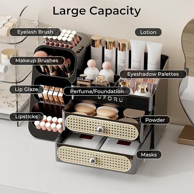 UFORU Makeup Organizer for Vanity with Brush Holder, Large Capacity Bathroom Countertop Skincare Organizer with 2 Drawers, Cosmetic Display Case for Perfumes, Eyeshadow Palettes, Nail Polishes