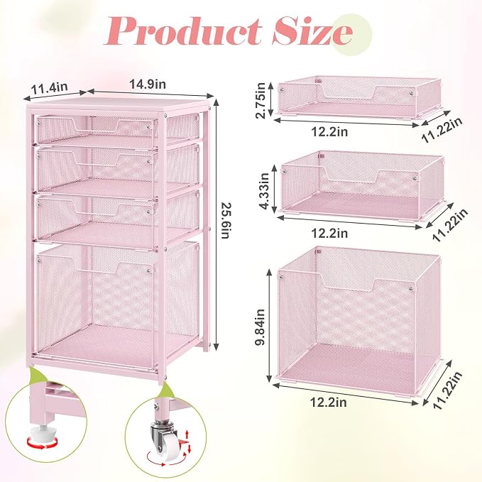 Sbanmao 4 Drawer Rolling File Cart Under Desk Storage, File Cabinets for Home Office, Mobile Filing Cabinet, Hanging File Organizer with Wheels, Utility Cart Printer Stand, Pink