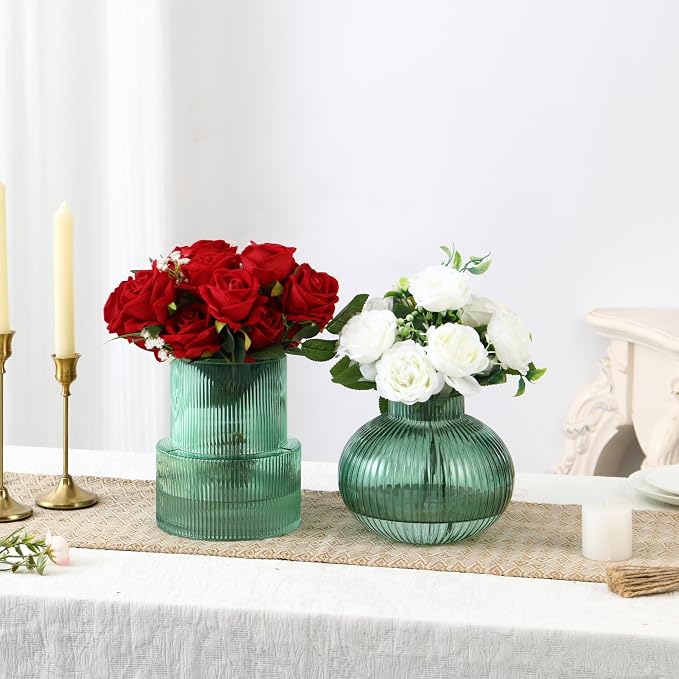 Ribbed Glass Vases, Set of 2 Fluted Vases for Flowers, Green Glass Vase for Tulips, Modern Vase for Living Room, Kitchen, Office, Entryway, Mantle, Bookshelf, Wedding Gifts, Birthday