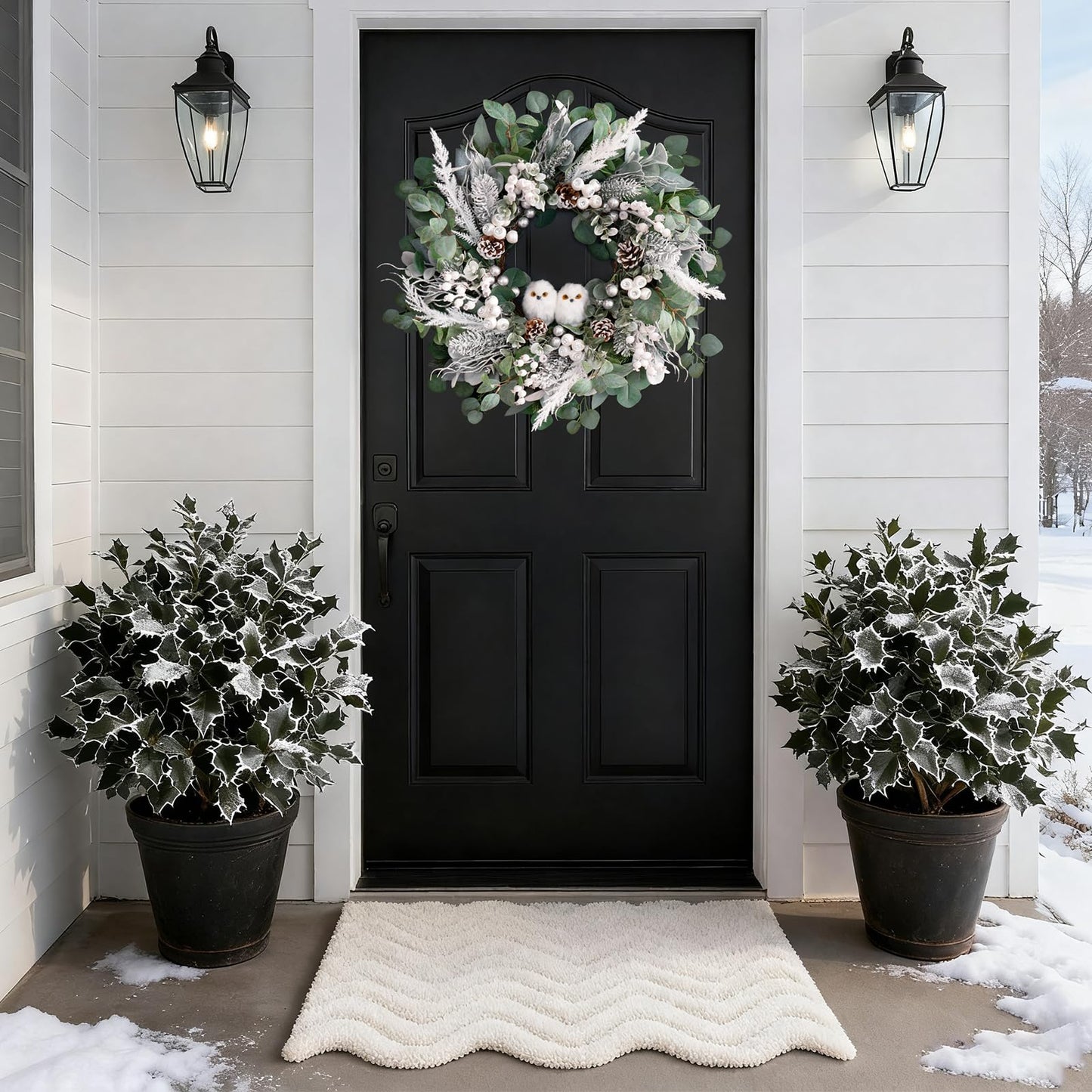 Winter Wreath for Front Door, 24 Inch Christmas Wreath with Owl Decor, Pine Cones, and Evergreen Greenery, Festive Winter Door Decor, Artificial Holiday Farmhouse Rustic Wreath