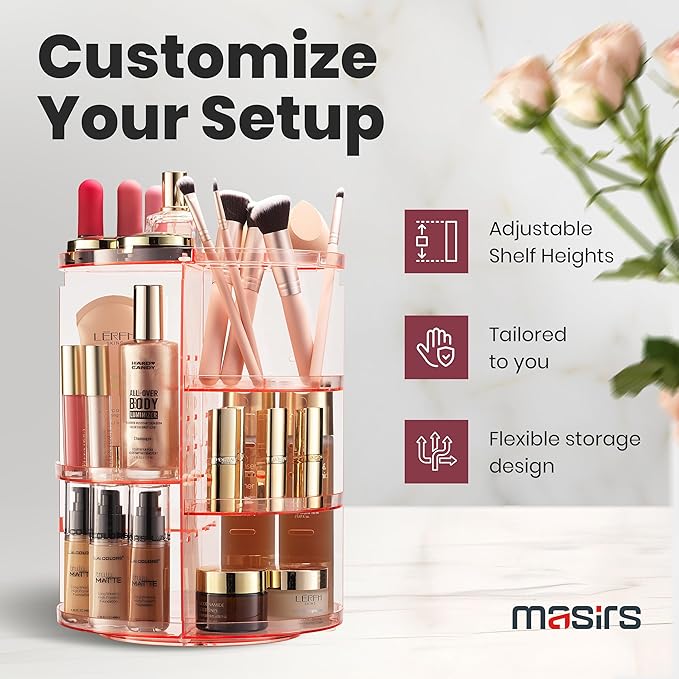 Masirs Rotating Makeup Organizer for Vanity, Large 360° Spinning Cosmetic & Skincare Organizer, Adjustable Shelf Height, Perfume Stand, Countertop Storage for Bathroom or Bedroom, Pink