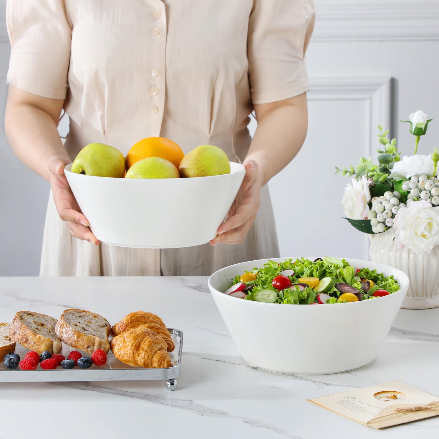 MALACASA Serving Bowls, 105 OZ Large Salad Bowls Set of 2, Porcelain White Bowls for Kitchen, Deep Bowls for Salad, Soup, Pho and Fruit, Ceramic Serving Bowls for Party, Microwave Safe, Series Regular