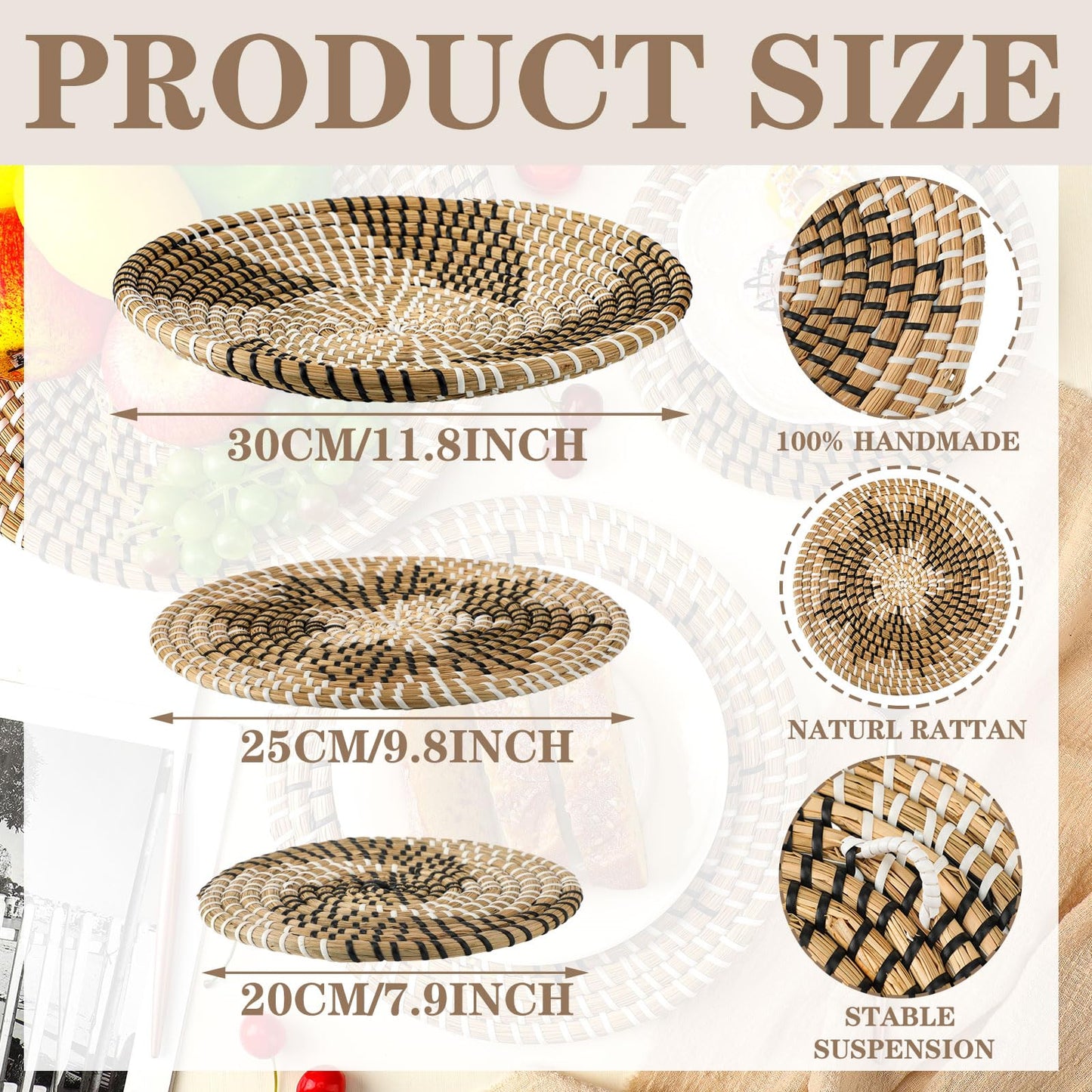 Glenmal 3 Pcs Boho Wall Basket Decor Decorative Bulrush Woven Basket Wall Decor Art Farmhouse Handmade Hanging Baskets with African Design for Living Room Display Table Settings Kitchen Home(Classic)