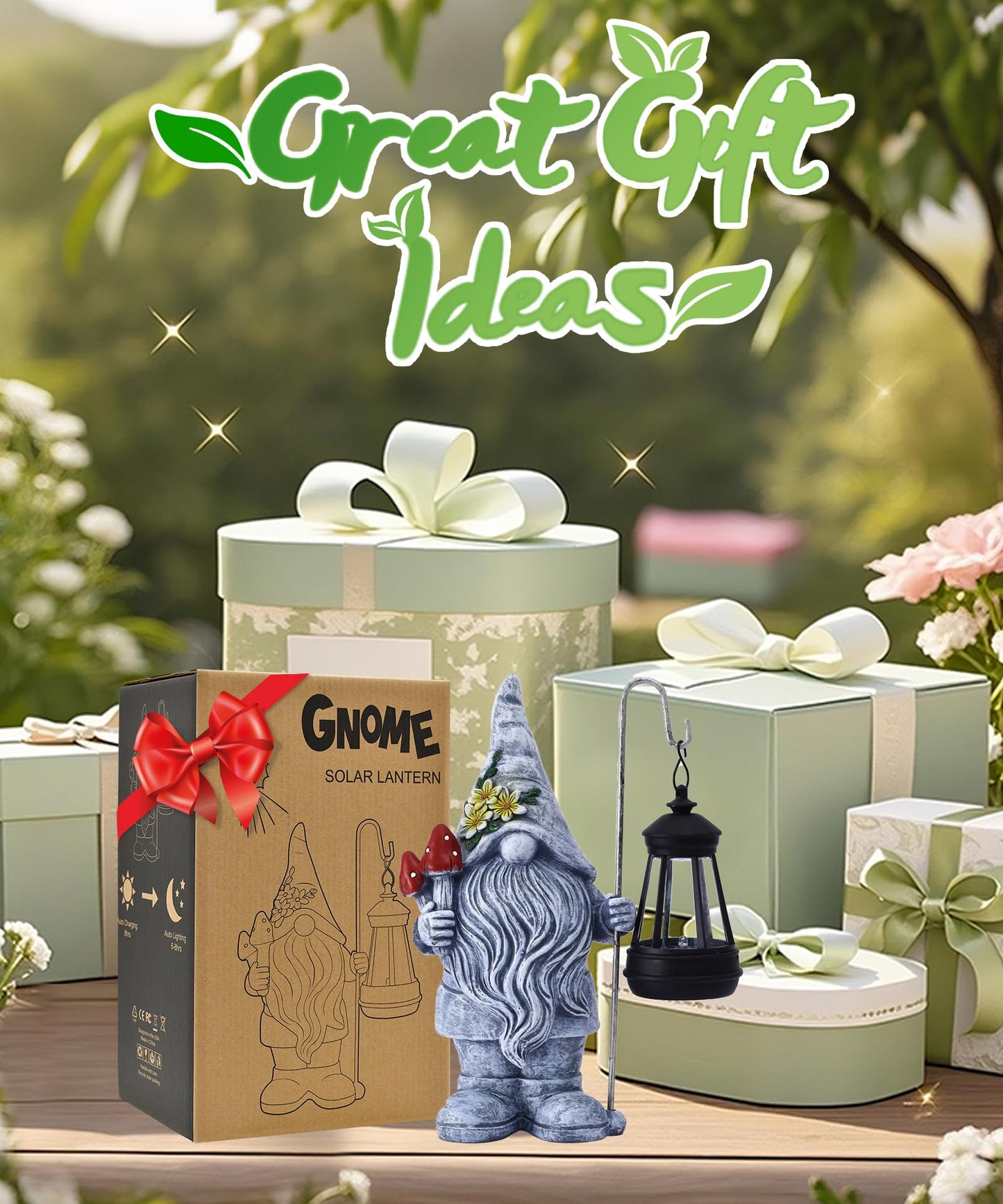 Acgarten Garden Gnome with Solar Lantern: Outdoor Statue Decorations for Home Yard Lawn Balcony Patio Porch - Mothers Day Gifts for Mom Women Grandma