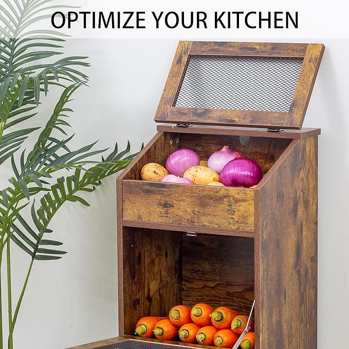 Potato Storage Bin Wooden Bread Box, Mid Century Modern Vegetable Storage Box with Lid, Farmhouse Potato and Onion Storage Cabinet for Kitchen,Brown