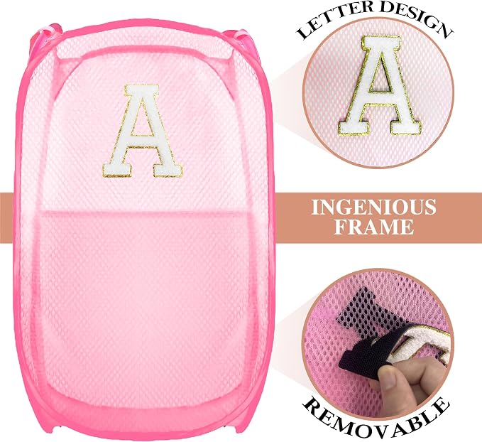 Collapsible Pop Up Laundry Hamper, Extra Large with Removable Initial Letter A, Mesh Foldable Laundry Basket, 28" x 16" x 16" (Pink)