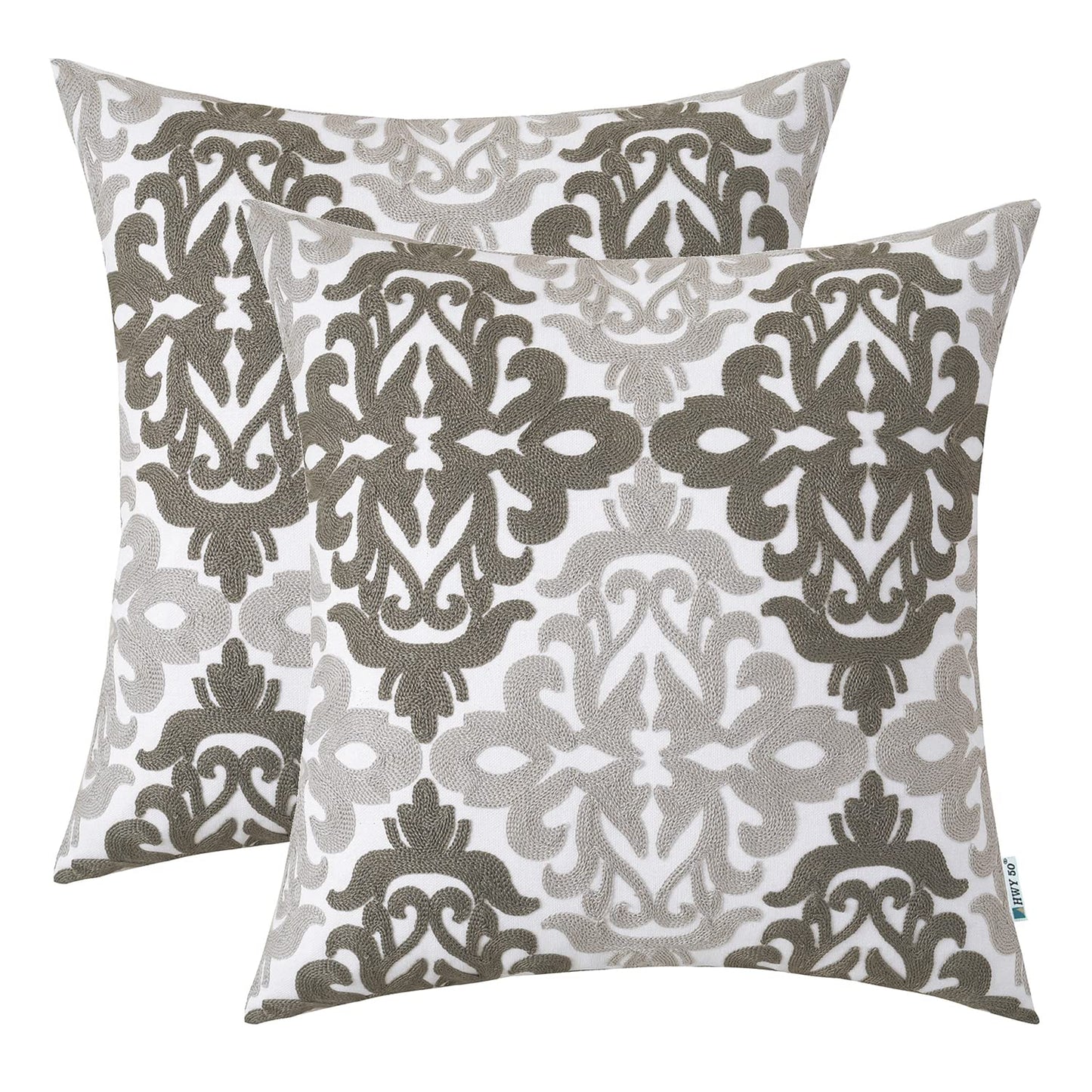 HWY 50 Gray Grey Decorative Throw Pillow Covers 18x18 Inch, Pack of 2 Embroidered Cotton Farmhouse Cushion Cover Pillow Case for Sofa Couch Living Room Bed Bedroon, Accent Geometric