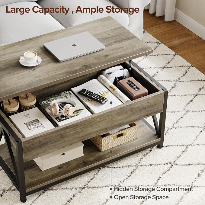 Memobarco Lift Top Coffee Table,Lift Coffee Table with Storage Shelf and Large Hidden Compartment for Living Room,Lifting top Coffee Tables for Small Space,Grey