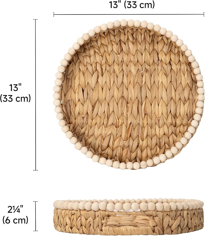 StorageWorks Round Decorative Trays for Home Decor Farmhouse, Wicker Coffee Table Tray Decor with Wooden Beads and Handles, Woven Dining Room Decor Tray for Kitchen Counter,Living Room,Bedroom