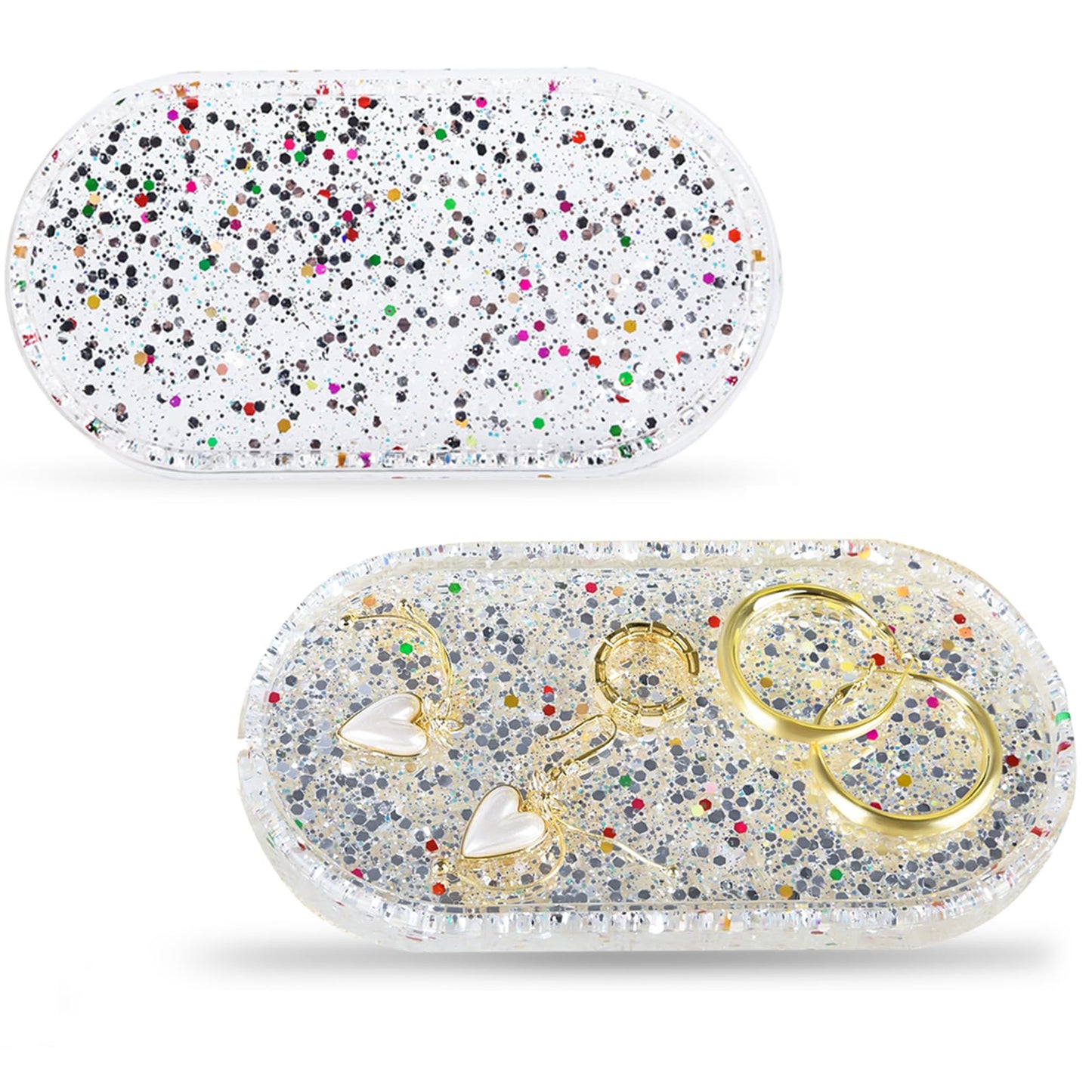 fanhuashijn Jewelry Tray Ring Dish: Resin Trinket Dish with Flash Art - Key Tray - Jewelry Plate Holder for Cute Vanity Decor (1, Transparency Blue)