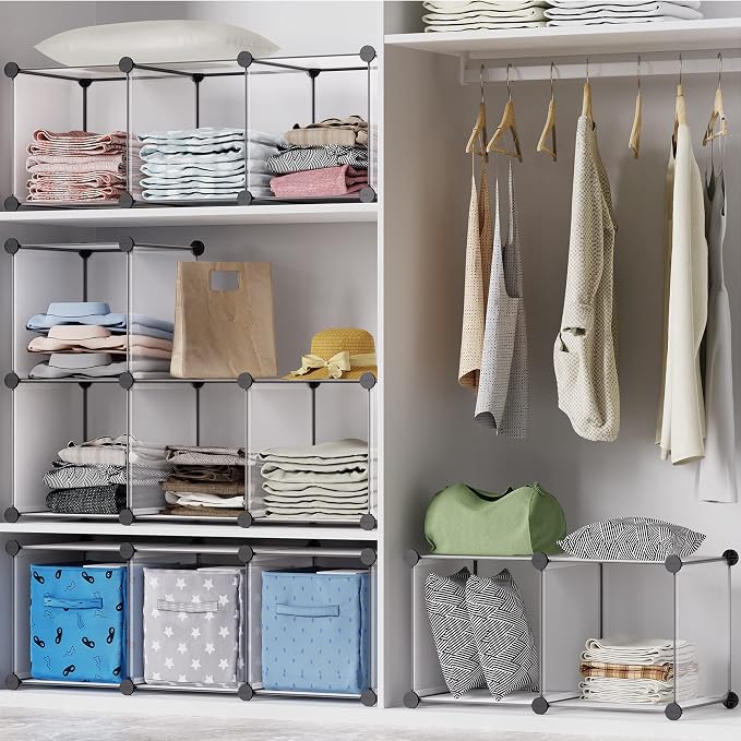 HOMIDEC Closet Organizers and Storage, 9 Cube Storage Organizer, Portable Closet Organizer Storage Cubes Shelves for Clothes, Bedroom, Wardrobe, Kids Room, Bathroom, Transparent