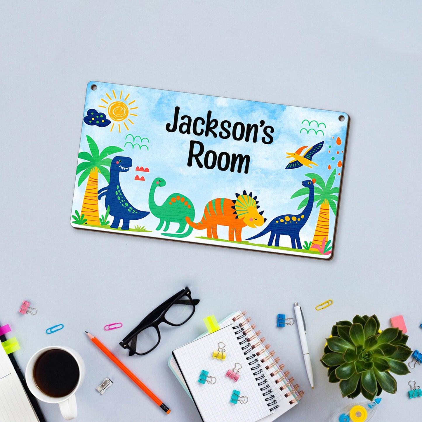 Personalized Hanging Dinosaur Wood Sign w/Alphabet Stickers, DIY Custom Kid's Name Door Sign Triceratop & Brontosaur Dinosaur, Baby Boys Bedroom Nursery Plaque Wall Art Decor Gifts From Mom Dad