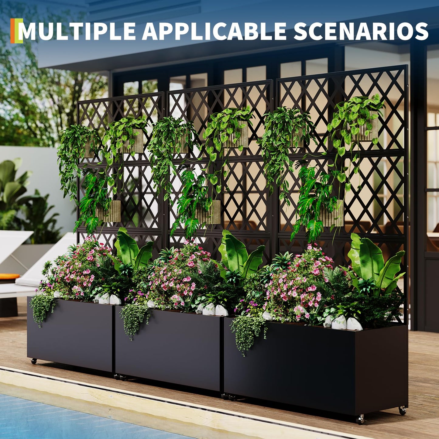 Takywep Mobile Galvanized Steel Raised Garden Bed with Trellis & Privacy Screen – Large Outdoor Planter Box, Lockable Wheels, Drainage Holes – Ideal for Vegetables, Herbs & Vines – Black, 117x180cm