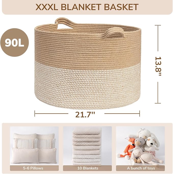 INDRESSME Extra Large Woven Baskets for Storage, 21.7'' x 13.8'' Wicker Basket with Handle for Blankets, Big Laundry Baskets for Clothes, Pillows, Towel, Shoe Basket for Entryway, 90L White Jute