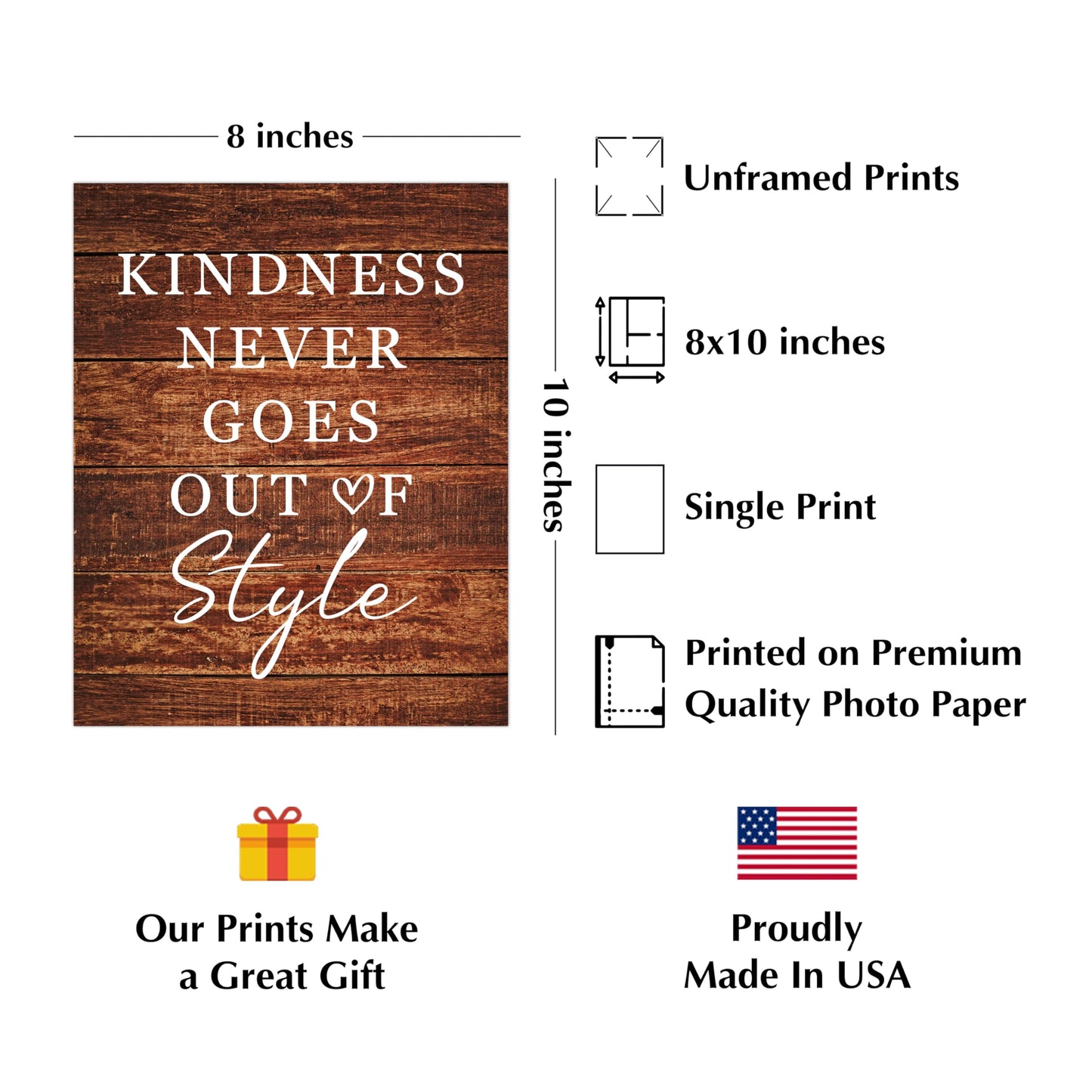 Kindness Never Goes Out of Style- Inspirational Wall Art, Positive Affirmations Modern Motivational Wall Decor Print for Living Room Decor, Home Decor, Classroom & Office Decor, Unframed- 8x10 (Brown)