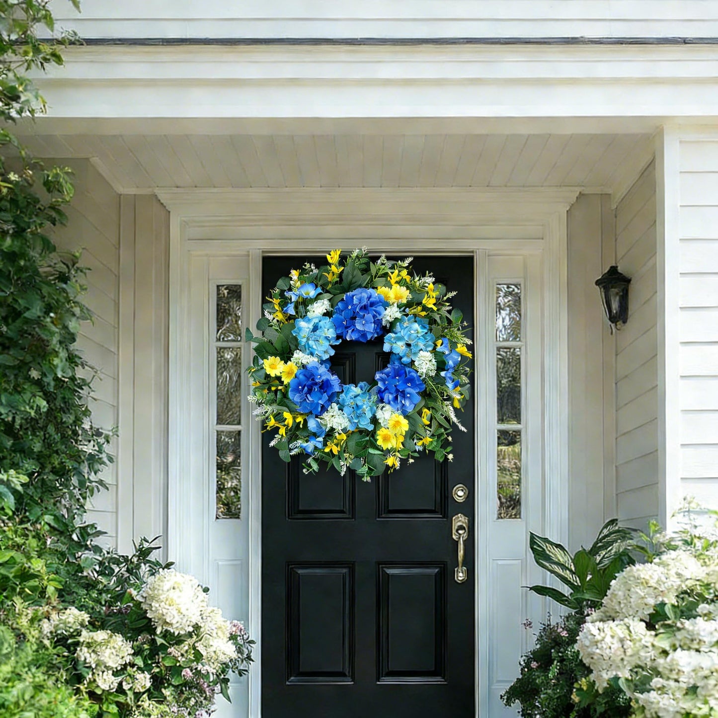26 Inch Spring Wreaths for Front Door Outside Large Artificial Summer Wreath Silk Hydrangea Wreath with Yellow Daisy and Eucalyptus Leaves Indoor Outdoor Porch Rustic Farmhouse Home Wall Wedding Decor