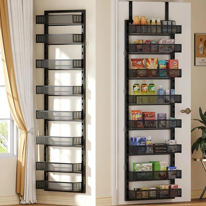 Over the Door Pantry Organizer, 8-Tier Over the Door Spice Rack with Adjustable Baskets, Wall-Mounted or Hanging Shelves for Kitchen, Laundry Room, Bathroom(Black, 15.35"W x 5.2"D x 72.6"H)