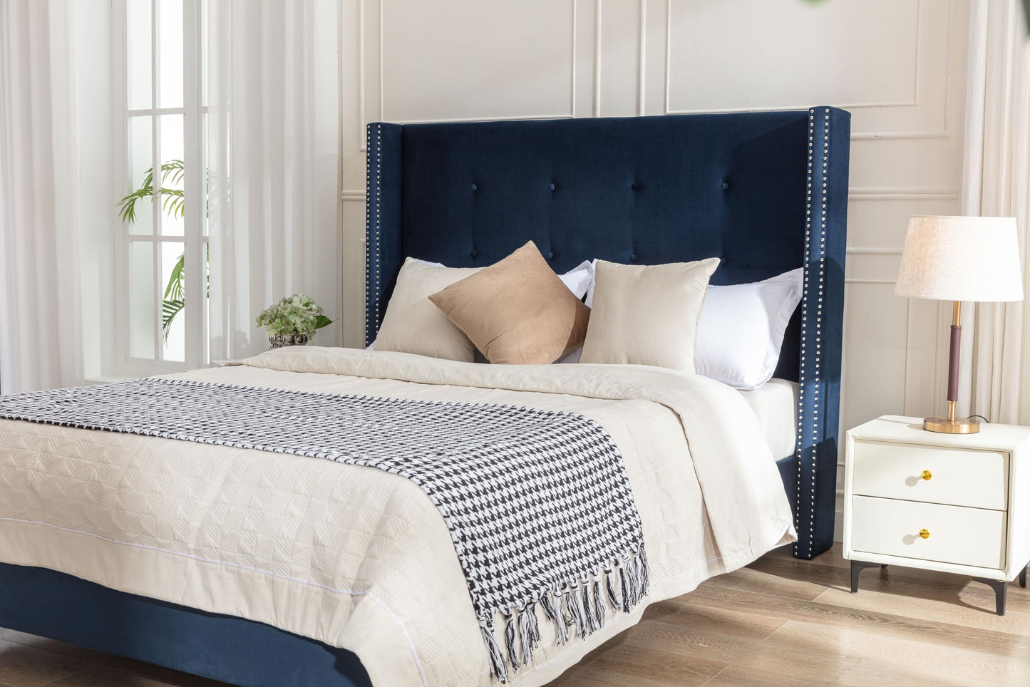 GDFStudio Tall Headboard Upholstered Bed,Queen Size Platform Bed Frame with Headboard Nailhead Trim Wingback,54" High No Box Spring Needed Easy Assembly Traditional Hand Buttoned Tufting Blue Velvet