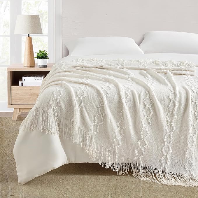 BOURINA Fluffy Chenille Knitted Fringe Throw Blanket Lightweight Soft Cozy for Bed Sofa Chair Throw Blankets, Off White 50" x 60"