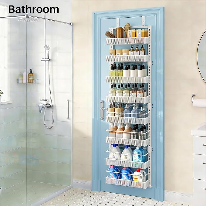 8 Tiers Over the Door Organizer - Height Adjustable Pantry Organizers and Storage with Dense Mesh Baskets, Anti-Swing Hanging Door Spice Rack for Kitchen Bathroom (White, 12.3"W x 4.7"D x 69"H)