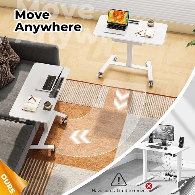 Mobile Standing Desk with Drawer, 40" Small Standing Desk with Cup Holder, Rolling Laptop Workstaion on Wheels, Height Adjustable Table with Storage for Home Office, White