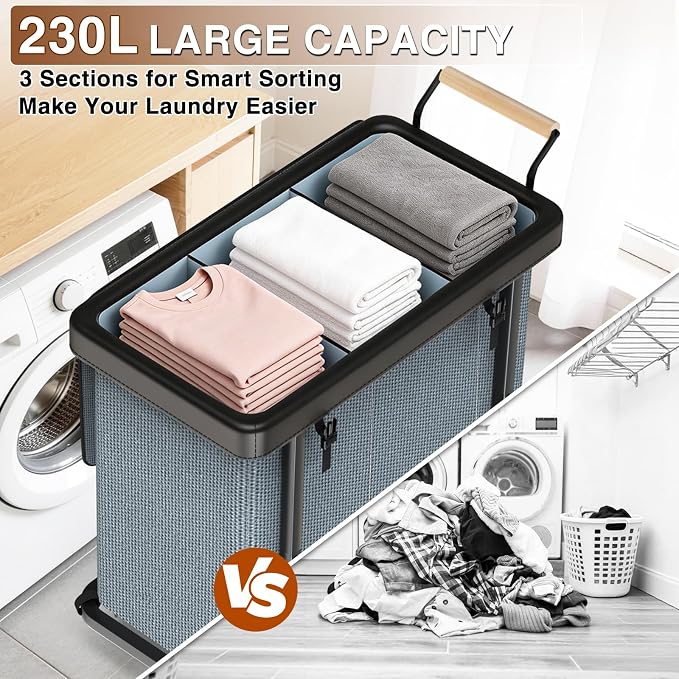 Rolling Laundry Hamper with Wheels, Laundry Hamper 3 Section with Lid, Laundry Basket with Rolling Lockable Wheels and Handle, Laundry Basket Organizer for Laundry Room, Bedroom 230L Gray