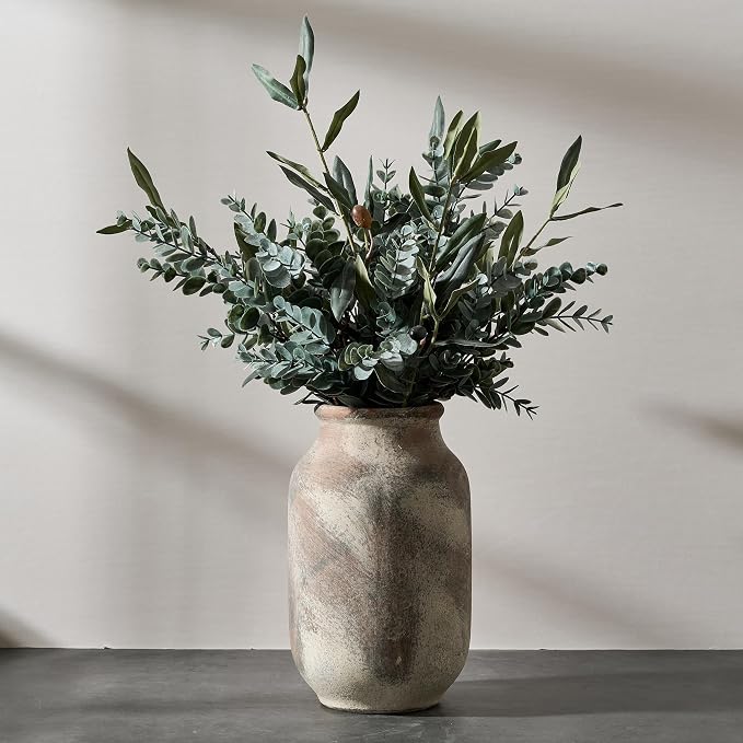 SIDUCAL Rustic Ceramic Farmhouse Flower Large Vase, Whitewashed Terra Cotta Vase, Pottery Decorative Flower for Home Decor, Table, Living Room Decoration, Shelf Decor, Mantel, 9.5 Inch, Terra