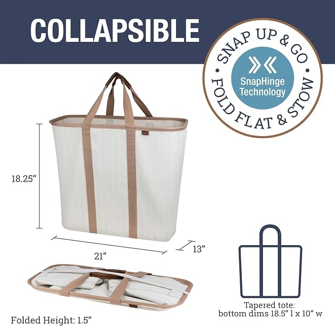 CleverMade Collapsible Laundry Caddy – Foldable Laundry Hamper & Tote, XXL 64L Pop-Up Laundry Basket with Handles, Space-Saving Laundry Organizer for Home & Travel, 2 Pack - LUXE Cream Herringbone