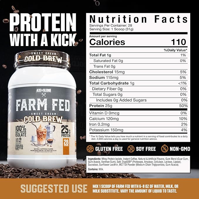 Axe & Sledge Farm Fed 100% Whey Protein Isolate | 25g Protein | Low Carb, Low Sugar, Gluten Free | Protein Powder for Men and Women | Keto | Made in The USA | 28 Servings, Sweet Cream Cold Brew