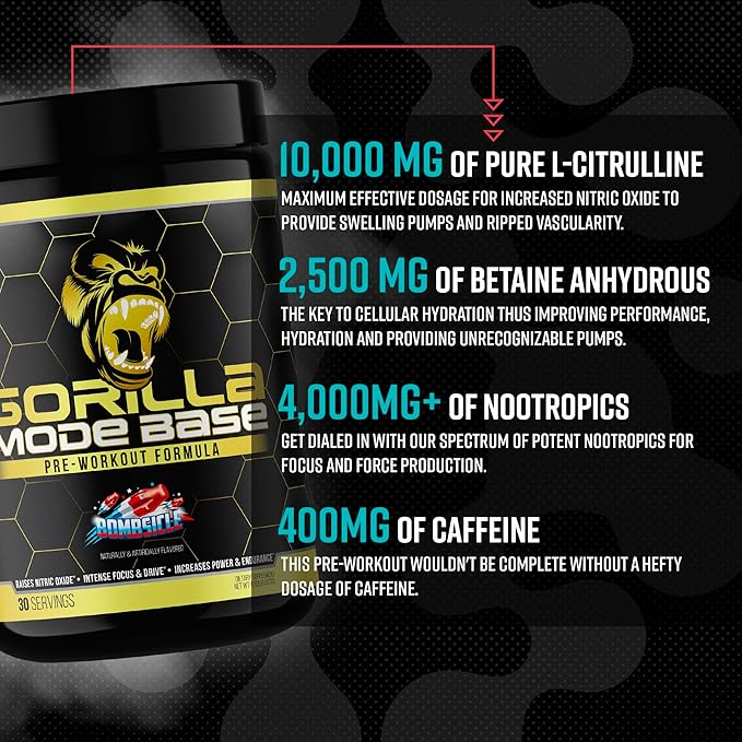 Gorilla Mind Base Pre Workout - Raises Nitric Oxide Intense Focus & Drive Endurance Power - L-Citrulline, L-Tyrosine, Betaine, Alpha-GPC, Caffeine, Huperzine A - 360 Grams (Bombsicle)