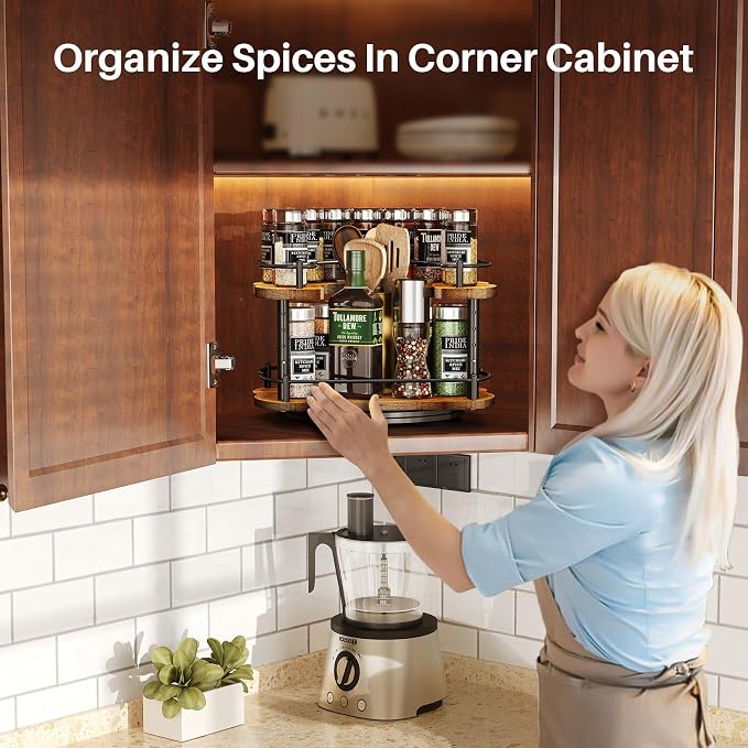 Lazy Susan Organizer Spice Rack - Spice Organization for Cabinet Height Adjustable Rotating Lazy Turntable, Pantry Kitchen Wood Revolving Seasoning Organizer (Vintage, 12 Inch)