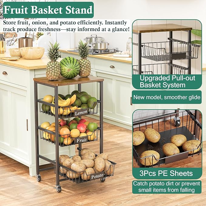 OKZEST 4-Tier Kitchen Storage Cart on Wheels – Mobile Fruit Basket Stand with Drawers & Wooden Top, Small Rolling Pantry Shelf for Potatoes, Onions, Bottled Drinks, Cans, Snacks – Includes 3 PE Liners
