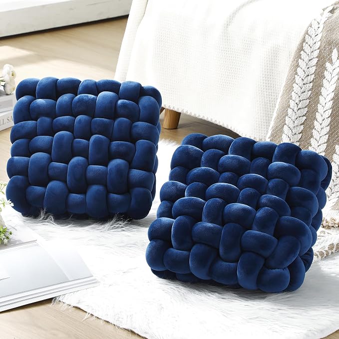 Wenqik 2 Pcs Knot Pillows Square Knotted Plush Throws Soft Accent Pillows Decoration Cushion for Couch Home Office Living Room Bedroom Bed Sofa Decor, 12'' x 13''(Navy Blue,Crystal Velvet)