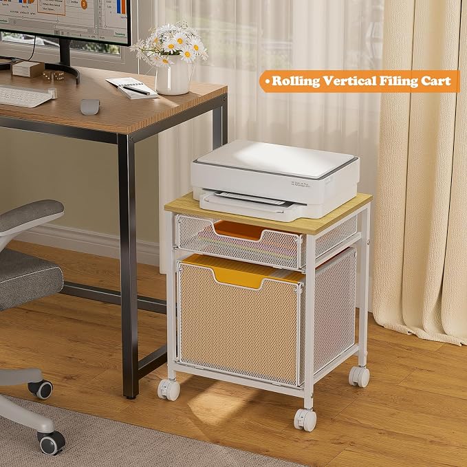 Tiaoheka Rolling File Cabinet Cart, Printer Stand with Storage Drawer, Mobile Filing Cabinet on Lockable Wheel, Hanging File Folder Organizer Beside Under Desk for Office Home, White (Patent Pending)