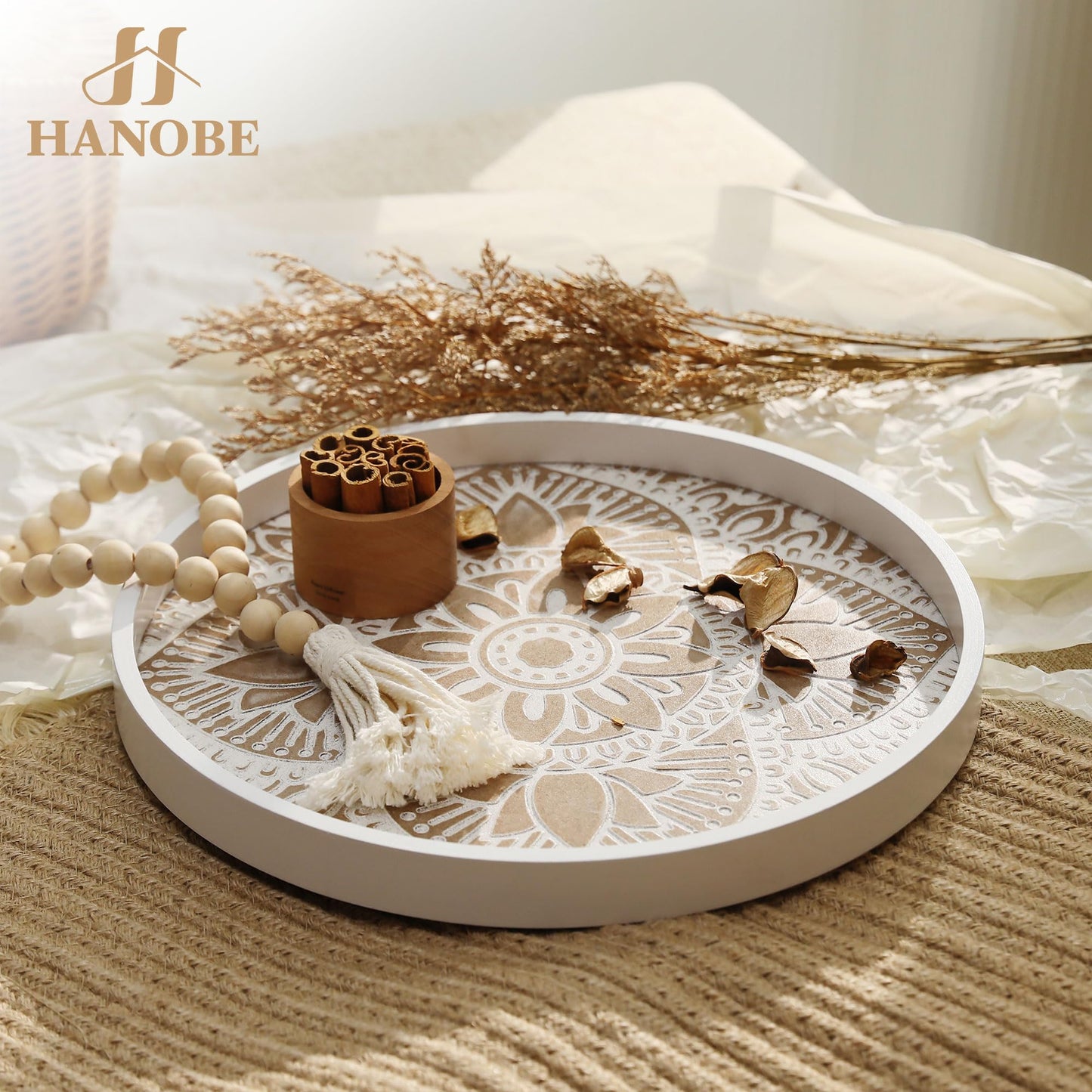 Hanobe Decorative Serving Tray Round: Farmhouse Coffee Table Decor Boho White Mandala Trays for Living Room Kitchen Bathroom Display