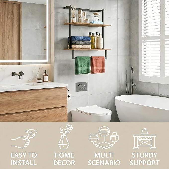 Wall Mounted Towel Rack for Bathroom, Bath Storage Holder 3-Tier Steel Wood Towel Shelf with Bar, Rustic Brown
