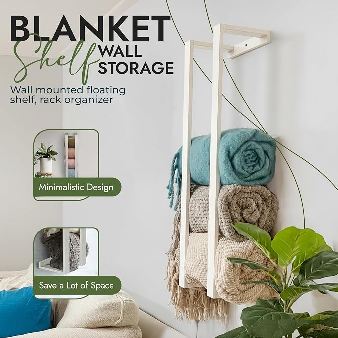 RELODECOR Blanket Wall Rack – Decorative Farmhouse Style Wooden Ladder – Rustic Quilt & Towel Holder – Wall Mounted Storage Rack for Living Room, Bedroom & Bathroom – Stylish White Design