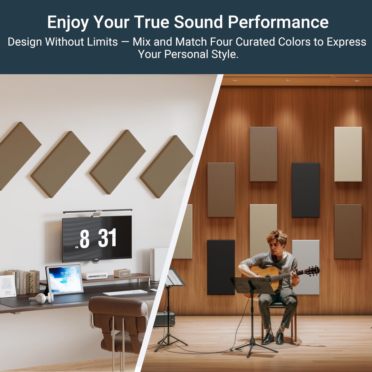 4 Pack High-Density Core with Fabric Cover Acoustic Panels – 24×12×2 In Self-Adhesive Soundproofing and Sound-Absorbing Wall Panels for Echo Reduction in Studio, Theater, or Recording (Mocha Brown)