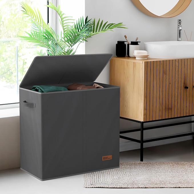 Simple Houseware Double Laundry Hamper with Lid and Removable Laundry Bags, Dark Grey