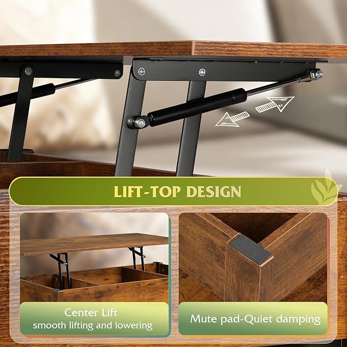 WLIVE Coffee Table, Lift Top Coffee Table with 2 Drawers, Large Hidden Compartment and Open Storage Shelf, Lift Tabletop, Dining Table for Living Room, Rustic Brown