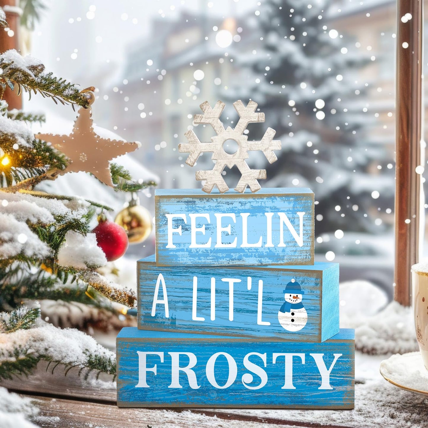 Yuntau 4 Pcs Winter Wooden Tabletop Decor Christmas Snowflake Tiered Tray Decor Rustic Wood Block Sign Gift Winter Centerpiece for Shelf Office Farmhouse Table Frozen Birthday Party Decoration
