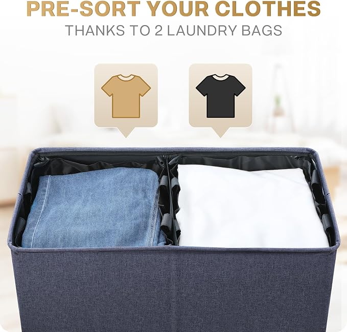 SOLEDI Large Double Laundry Hamper with Lid, Collapsible Clothes Hamper 2 section with Removable Bags, Space-Saving Laundry Basket for Bedroom, Dorm, College