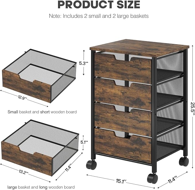 Rolling Cart with Drawers, Wooden Top and Front, with Wheels Metal Under Desk Storage Cart with 4 Drawers, for Office, Bedroom, Classroom, Home, Rustic Brown